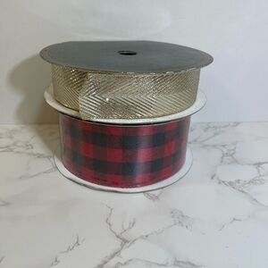 New Kirkland Red/Black Buffalo Check Wired Ribbon 50 YDS X 2.5”W & 1 Used Ribbon